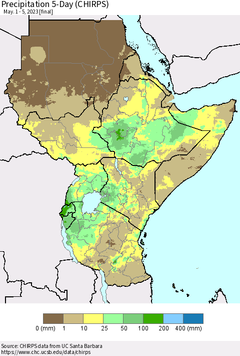 Eastern Africa Precipitation 5-Day (CHIRPS) Thematic Map For 5/1/2023 - 5/5/2023