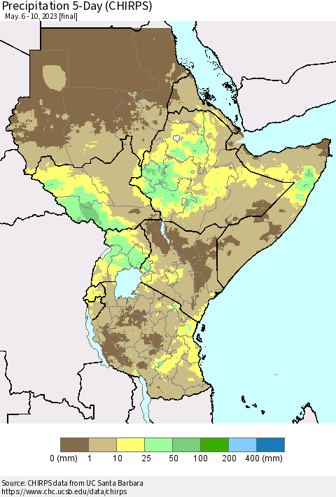 Eastern Africa Precipitation 5-Day (CHIRPS) Thematic Map For 5/6/2023 - 5/10/2023
