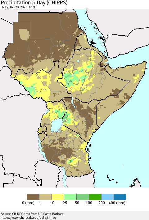 Eastern Africa Precipitation 5-Day (CHIRPS) Thematic Map For 5/16/2023 - 5/20/2023