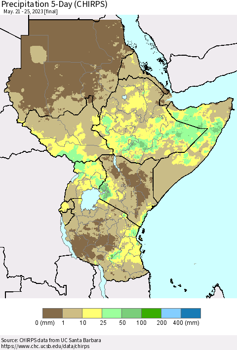 Eastern Africa Precipitation 5-Day (CHIRPS) Thematic Map For 5/21/2023 - 5/25/2023
