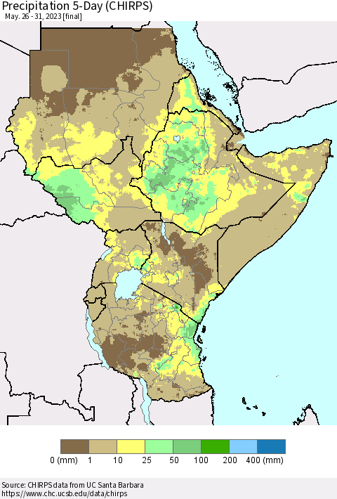 Eastern Africa Precipitation 5-Day (CHIRPS) Thematic Map For 5/26/2023 - 5/31/2023