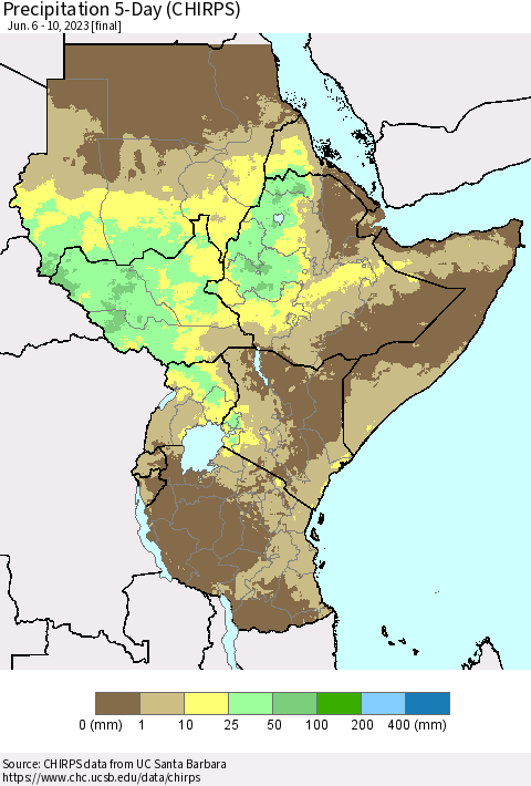 Eastern Africa Precipitation 5-Day (CHIRPS) Thematic Map For 6/6/2023 - 6/10/2023