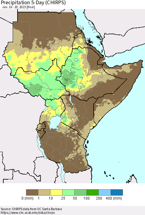 Eastern Africa Precipitation 5-Day (CHIRPS) Thematic Map For 6/16/2023 - 6/20/2023