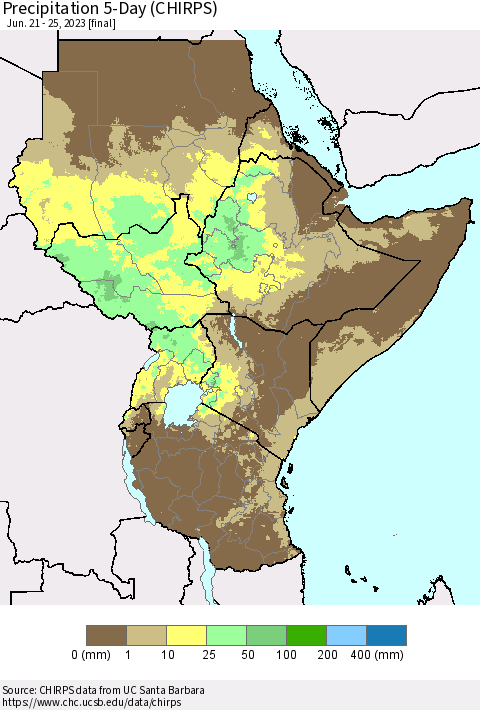 Eastern Africa Precipitation 5-Day (CHIRPS) Thematic Map For 6/21/2023 - 6/25/2023