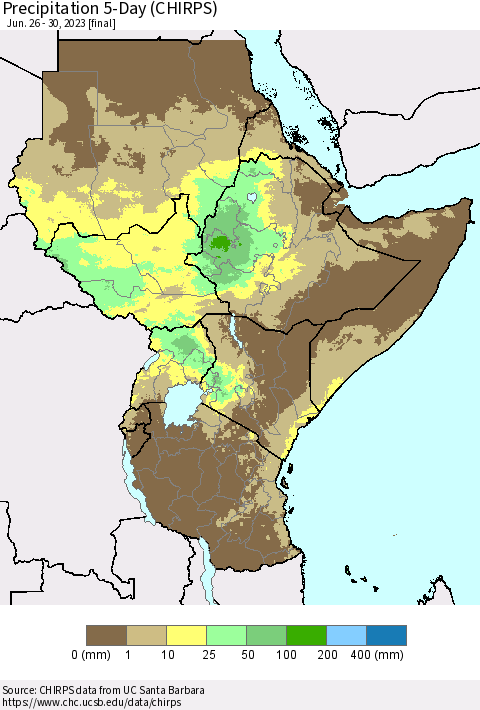 Eastern Africa Precipitation 5-Day (CHIRPS) Thematic Map For 6/26/2023 - 6/30/2023