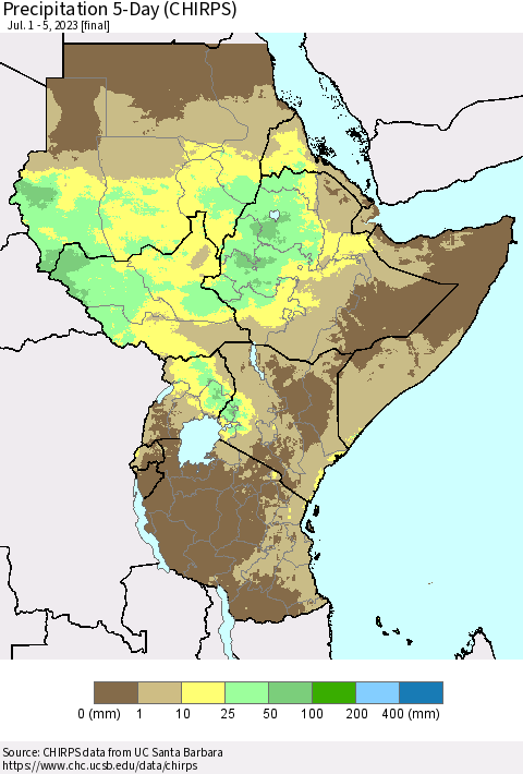 Eastern Africa Precipitation 5-Day (CHIRPS) Thematic Map For 7/1/2023 - 7/5/2023