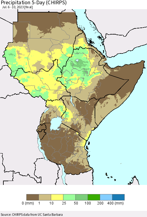 Eastern Africa Precipitation 5-Day (CHIRPS) Thematic Map For 7/6/2023 - 7/10/2023