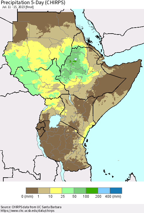 Eastern Africa Precipitation 5-Day (CHIRPS) Thematic Map For 7/11/2023 - 7/15/2023