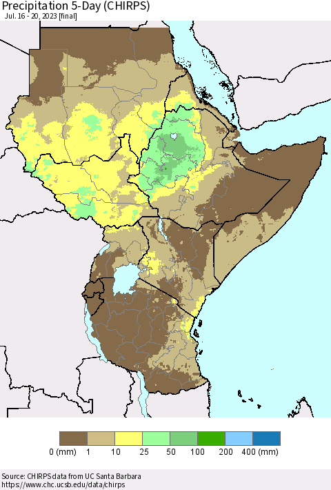 Eastern Africa Precipitation 5-Day (CHIRPS) Thematic Map For 7/16/2023 - 7/20/2023