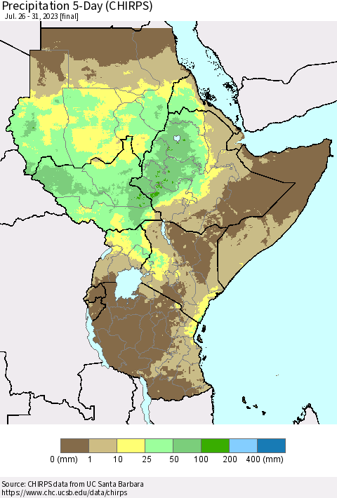 Eastern Africa Precipitation 5-Day (CHIRPS) Thematic Map For 7/26/2023 - 7/31/2023