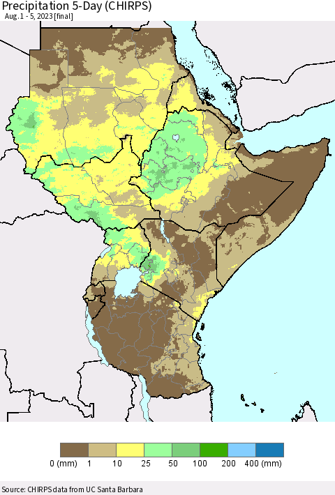 Eastern Africa Precipitation 5-Day (CHIRPS) Thematic Map For 8/1/2023 - 8/5/2023