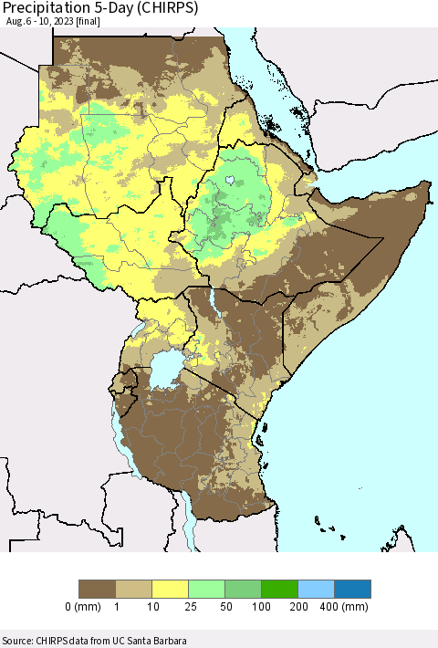 Eastern Africa Precipitation 5-Day (CHIRPS) Thematic Map For 8/6/2023 - 8/10/2023