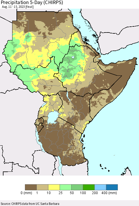 Eastern Africa Precipitation 5-Day (CHIRPS) Thematic Map For 8/11/2023 - 8/15/2023