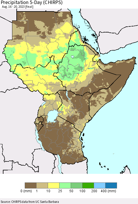 Eastern Africa Precipitation 5-Day (CHIRPS) Thematic Map For 8/16/2023 - 8/20/2023