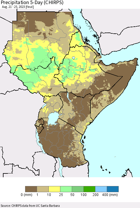 Eastern Africa Precipitation 5-Day (CHIRPS) Thematic Map For 8/21/2023 - 8/25/2023
