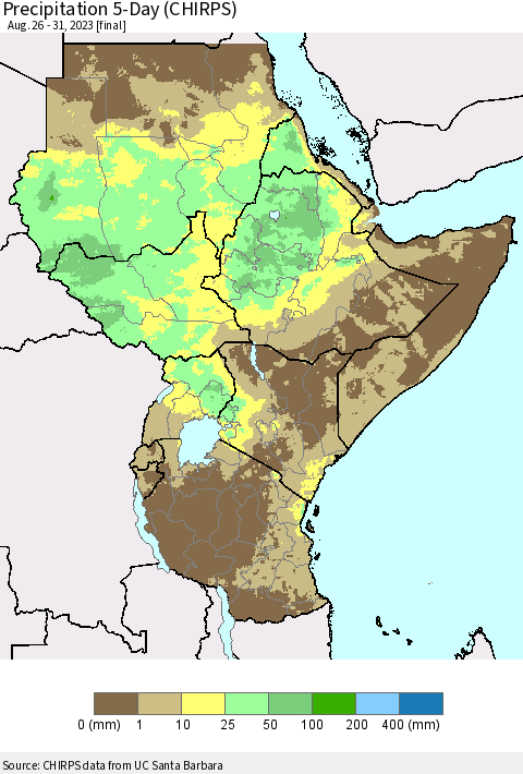 Eastern Africa Precipitation 5-Day (CHIRPS) Thematic Map For 8/26/2023 - 8/31/2023