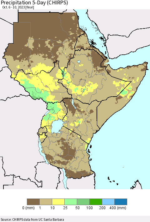 Eastern Africa Precipitation 5-Day (CHIRPS) Thematic Map For 10/6/2023 - 10/10/2023