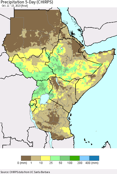 Eastern Africa Precipitation 5-Day (CHIRPS) Thematic Map For 10/11/2023 - 10/15/2023
