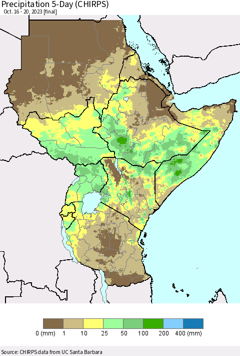 Eastern Africa Precipitation 5-Day (CHIRPS) Thematic Map For 10/16/2023 - 10/20/2023