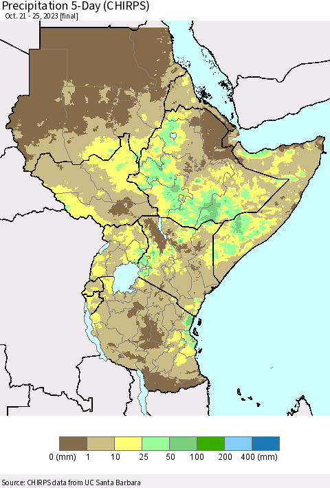 Eastern Africa Precipitation 5-Day (CHIRPS) Thematic Map For 10/21/2023 - 10/25/2023