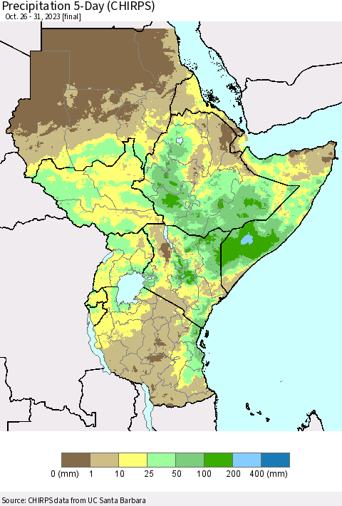 Eastern Africa Precipitation 5-Day (CHIRPS) Thematic Map For 10/26/2023 - 10/31/2023