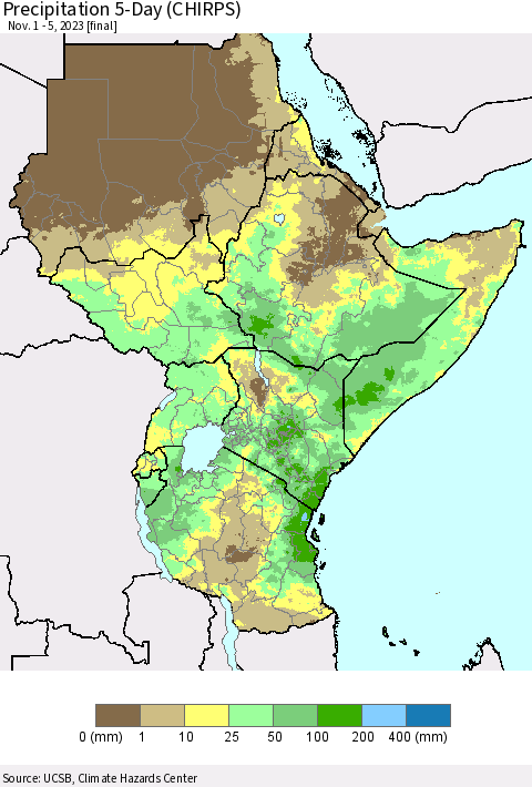 Eastern Africa Precipitation 5-Day (CHIRPS) Thematic Map For 11/1/2023 - 11/5/2023