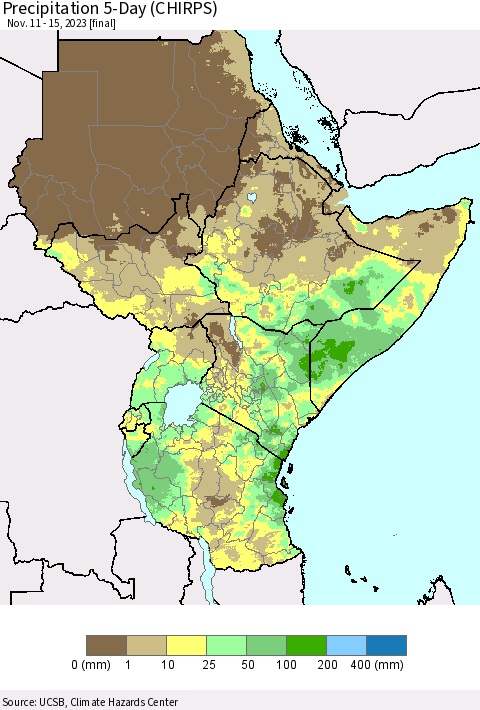 Eastern Africa Precipitation 5-Day (CHIRPS) Thematic Map For 11/11/2023 - 11/15/2023
