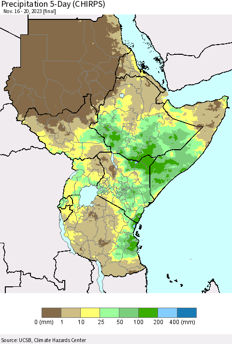 Eastern Africa Precipitation 5-Day (CHIRPS) Thematic Map For 11/16/2023 - 11/20/2023