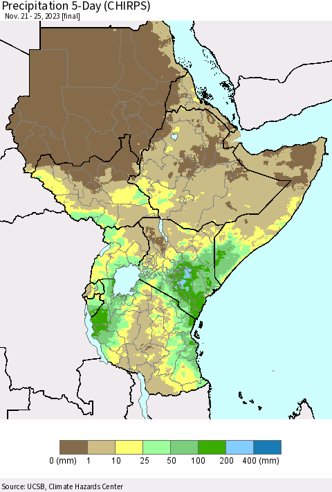 Eastern Africa Precipitation 5-Day (CHIRPS) Thematic Map For 11/21/2023 - 11/25/2023
