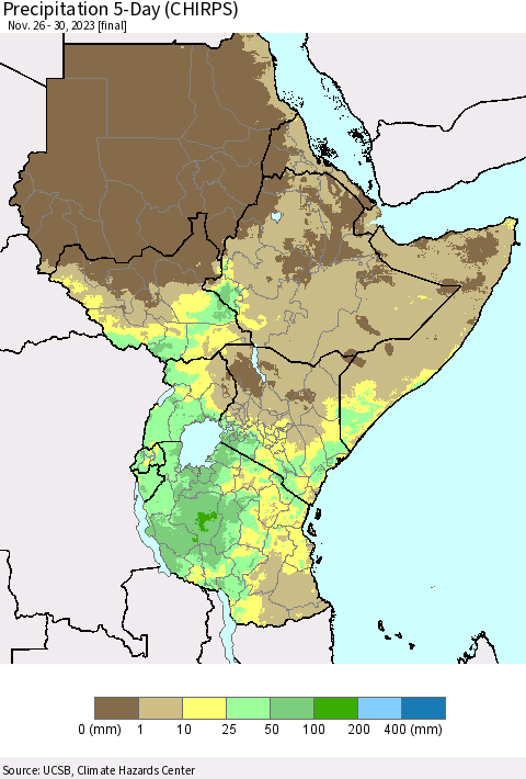 Eastern Africa Precipitation 5-Day (CHIRPS) Thematic Map For 11/26/2023 - 11/30/2023
