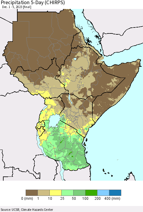 Eastern Africa Precipitation 5-Day (CHIRPS) Thematic Map For 12/1/2023 - 12/5/2023