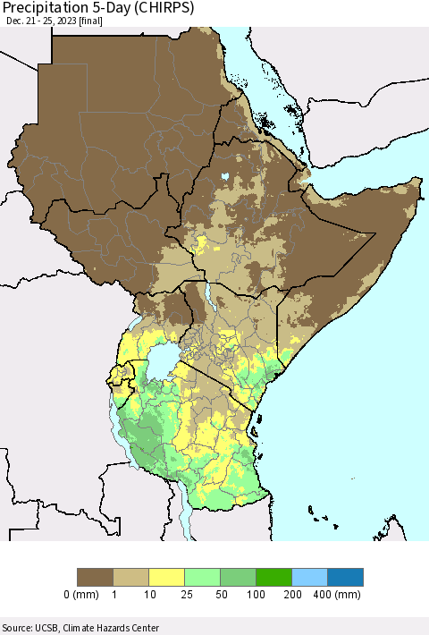 Eastern Africa Precipitation 5-Day (CHIRPS) Thematic Map For 12/21/2023 - 12/25/2023