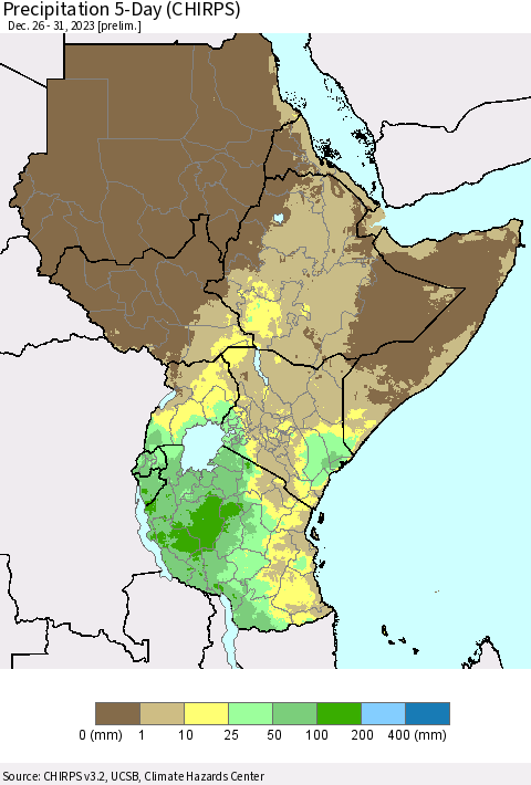Eastern Africa Precipitation 5-Day (CHIRPS) Thematic Map For 12/26/2023 - 12/31/2023