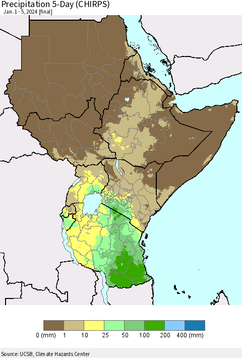 Eastern Africa Precipitation 5-Day (CHIRPS) Thematic Map For 1/1/2024 - 1/5/2024