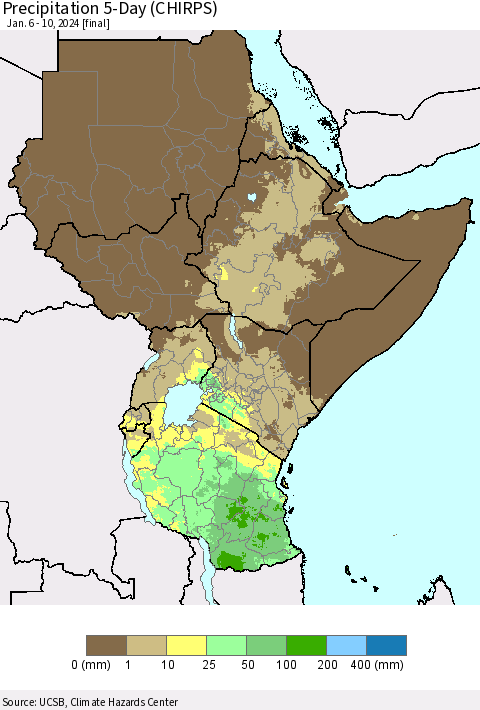 Eastern Africa Precipitation 5-Day (CHIRPS) Thematic Map For 1/6/2024 - 1/10/2024