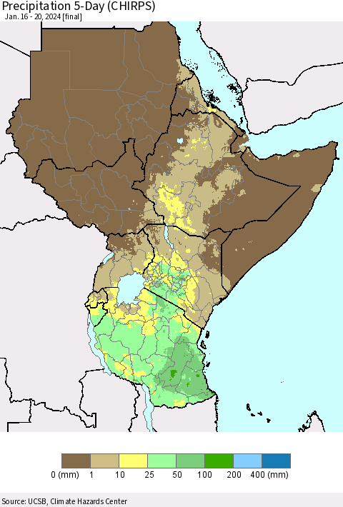 Eastern Africa Precipitation 5-Day (CHIRPS) Thematic Map For 1/16/2024 - 1/20/2024