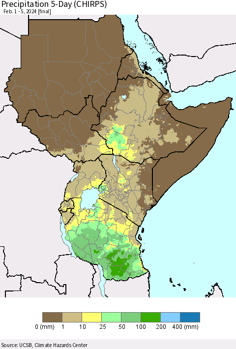 Eastern Africa Precipitation 5-Day (CHIRPS) Thematic Map For 2/1/2024 - 2/5/2024