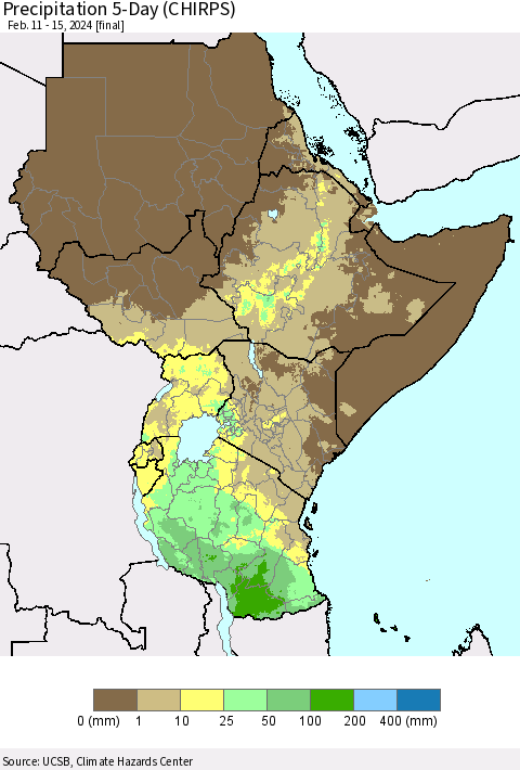 Eastern Africa Precipitation 5-Day (CHIRPS) Thematic Map For 2/11/2024 - 2/15/2024
