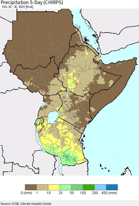 Eastern Africa Precipitation 5-Day (CHIRPS) Thematic Map For 2/16/2024 - 2/20/2024