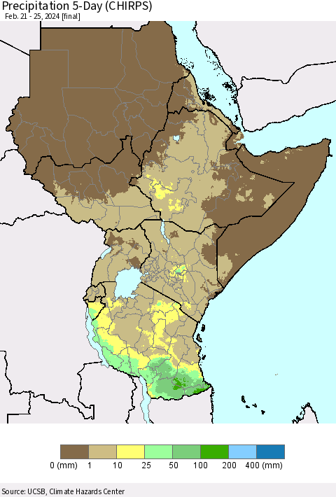 Eastern Africa Precipitation 5-Day (CHIRPS) Thematic Map For 2/21/2024 - 2/25/2024