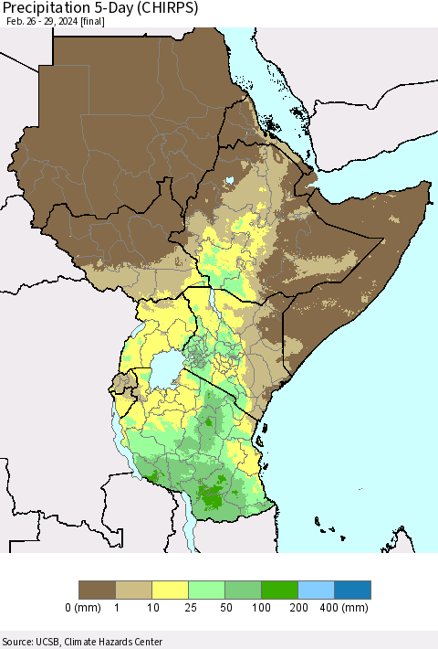 Eastern Africa Precipitation 5-Day (CHIRPS) Thematic Map For 2/26/2024 - 2/29/2024