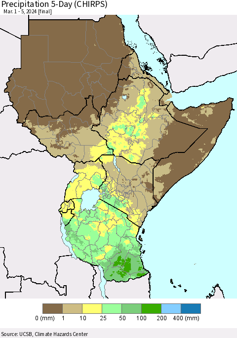 Eastern Africa Precipitation 5-Day (CHIRPS) Thematic Map For 3/1/2024 - 3/5/2024