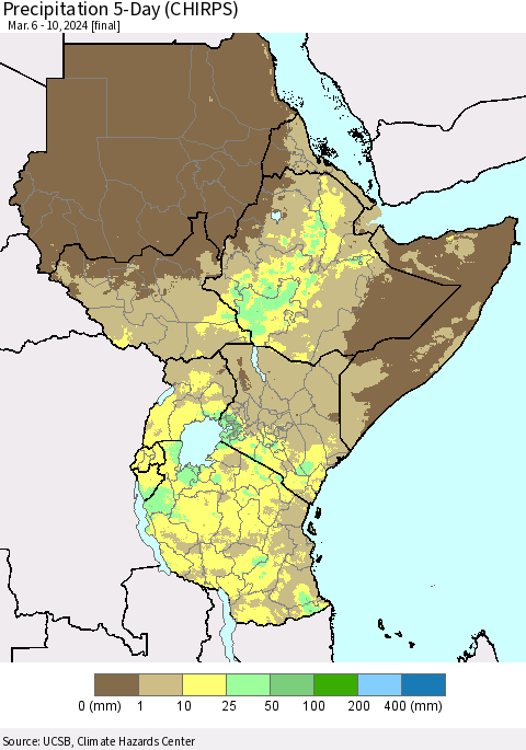 Eastern Africa Precipitation 5-Day (CHIRPS) Thematic Map For 3/6/2024 - 3/10/2024