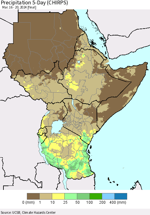 Eastern Africa Precipitation 5-Day (CHIRPS) Thematic Map For 3/16/2024 - 3/20/2024