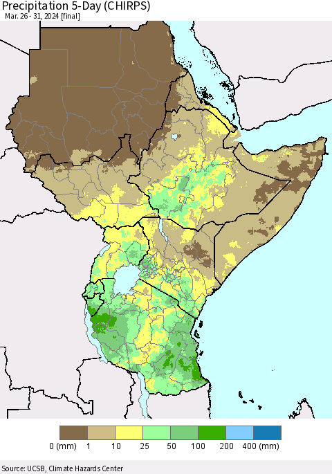 Eastern Africa Precipitation 5-Day (CHIRPS) Thematic Map For 3/26/2024 - 3/31/2024