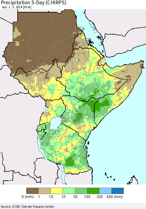 Eastern Africa Precipitation 5-Day (CHIRPS) Thematic Map For 4/1/2024 - 4/5/2024