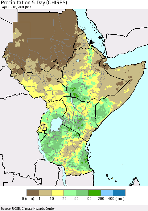 Eastern Africa Precipitation 5-Day (CHIRPS) Thematic Map For 4/6/2024 - 4/10/2024