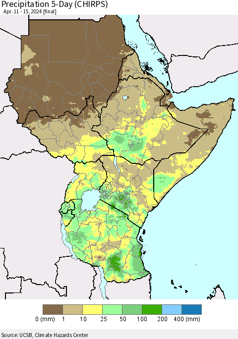 Eastern Africa Precipitation 5-Day (CHIRPS) Thematic Map For 4/11/2024 - 4/15/2024