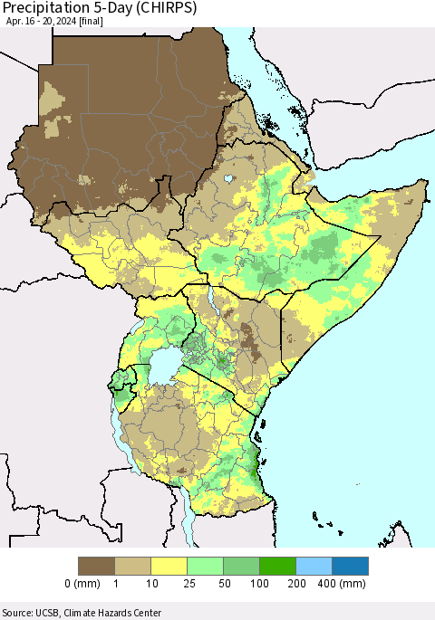 Eastern Africa Precipitation 5-Day (CHIRPS) Thematic Map For 4/16/2024 - 4/20/2024