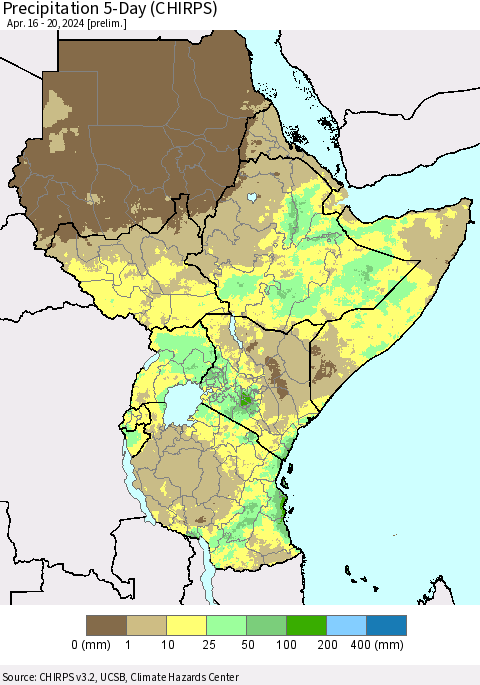 Eastern Africa Precipitation 5-Day (CHIRPS) Thematic Map For 4/16/2024 - 4/20/2024